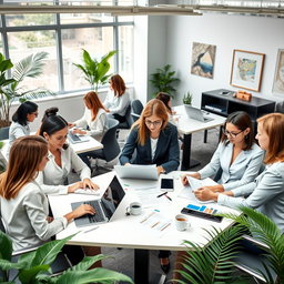 A group of professional women working diligently in a modern office environment