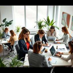 A group of professional women working diligently in a modern office environment