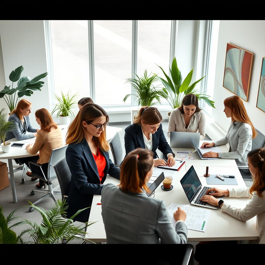 A group of professional women working diligently in a modern office environment