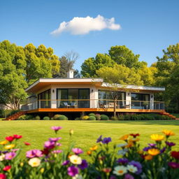 A beautifully designed modern house with large glass windows and a spacious wooden deck