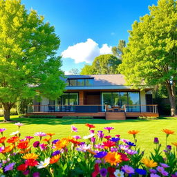 A beautifully designed modern house with large glass windows and a spacious wooden deck