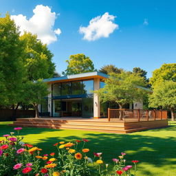 A beautifully designed modern house with large glass windows and a spacious wooden deck
