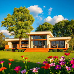 A beautifully designed modern house with large glass windows and a spacious wooden deck
