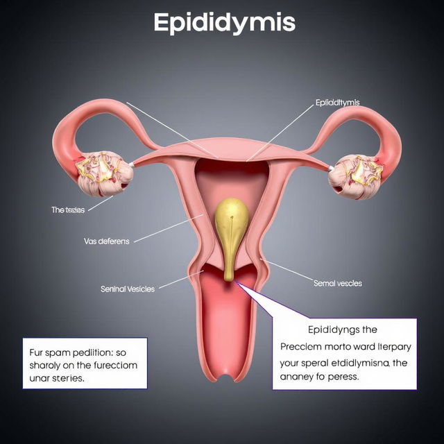 An informative and detailed illustration of the male reproductive system, focusing specifically on the epididymis