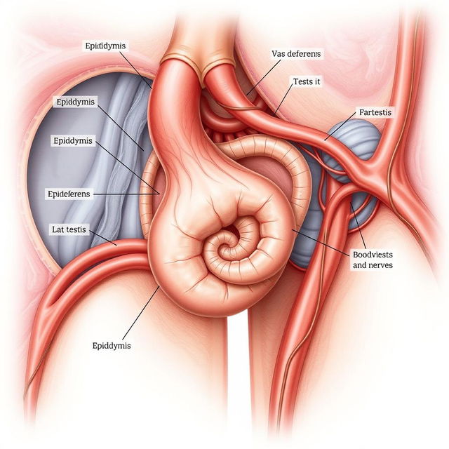 Detailed anatomical illustration of the epididymis, showcasing its location and function within the male reproductive system