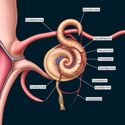 Detailed anatomical illustration of the epididymis, showcasing its location and function within the male reproductive system