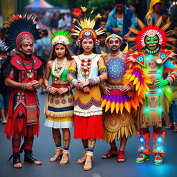 Five vibrant Ati-atihan costumes, each displaying intricate and colorful traditional designs, featuring bold patterns, feathers, and elaborate accessories