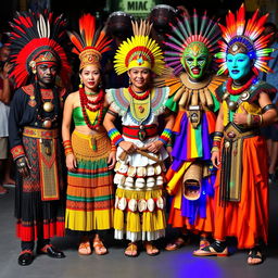 Five vibrant Ati-atihan costumes, each displaying intricate and colorful traditional designs, featuring bold patterns, feathers, and elaborate accessories