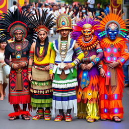 Five vibrant Ati-atihan costumes, each displaying intricate and colorful traditional designs, featuring bold patterns, feathers, and elaborate accessories