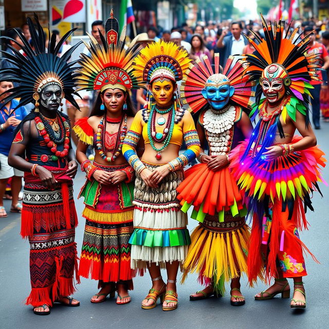Five vibrant Ati-atihan costumes, each displaying intricate and colorful traditional designs, featuring bold patterns, feathers, and elaborate accessories