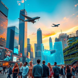 A vibrant and futuristic cityscape at sunset, with towering skyscrapers made of glass and steel, reflecting the warm colors of the sky