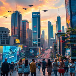 A vibrant and futuristic cityscape at sunset, with towering skyscrapers made of glass and steel, reflecting the warm colors of the sky