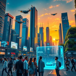A vibrant and futuristic cityscape at sunset, with towering skyscrapers made of glass and steel, reflecting the warm colors of the sky