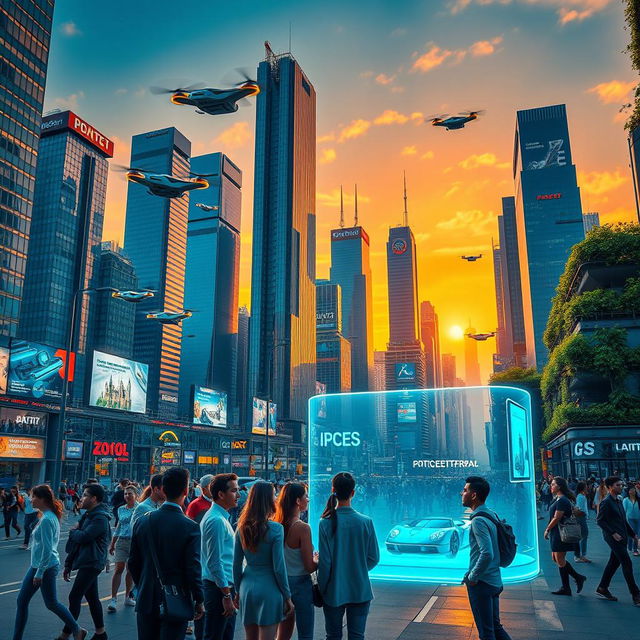A vibrant and futuristic cityscape at sunset, with towering skyscrapers made of glass and steel, reflecting the warm colors of the sky