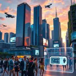 A vibrant and futuristic cityscape at sunset, with towering skyscrapers made of glass and steel, reflecting the warm colors of the sky