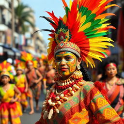 A vibrant Ati-atihan costume featuring a bold and colorful design with traditional patterns