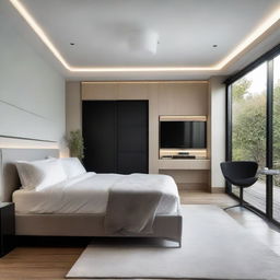 Modern bedroom with a sophisticated music system, a large framed personal photo, dancing LED lights, a 32 inch television set embedded in the wall, and a centrally positioned bed.