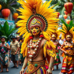 A vibrant and colorful Ati-Atihan costume, featuring intricate patterns and decorations, bright yellows, reds, and greens adorning the fabric
