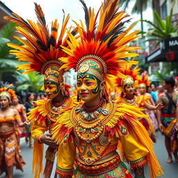 A vibrant and colorful Ati-Atihan costume, featuring intricate patterns and decorations, bright yellows, reds, and greens adorning the fabric