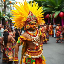 A vibrant and colorful Ati-Atihan costume, featuring intricate patterns and decorations, bright yellows, reds, and greens adorning the fabric