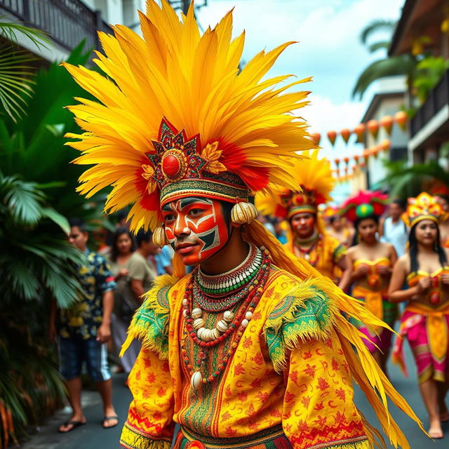 A vibrant and colorful Ati-Atihan costume, featuring intricate patterns and decorations, bright yellows, reds, and greens adorning the fabric