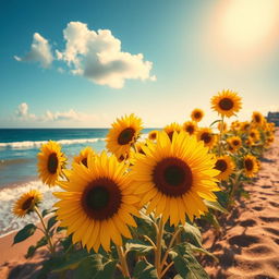 A vibrant beach scene featuring a field of sunflowers swaying gently in the breeze, bright yellow petals contrasting with the blue sky and glistening ocean waves in the background