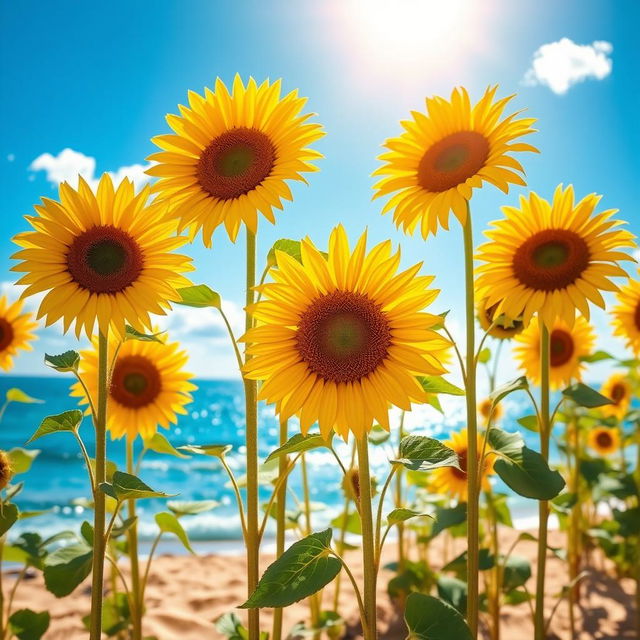 A vibrant beach scene featuring a field of sunflowers swaying gently in the breeze, bright yellow petals contrasting with the blue sky and glistening ocean waves in the background