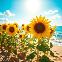 A vibrant beach scene featuring a field of sunflowers swaying gently in the breeze, bright yellow petals contrasting with the blue sky and glistening ocean waves in the background