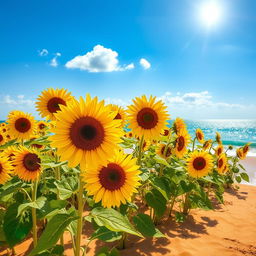 A vibrant beach scene featuring a field of sunflowers swaying gently in the breeze, bright yellow petals contrasting with the blue sky and glistening ocean waves in the background