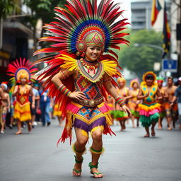 A vibrant Dinagyang costume featuring intricate patterns and bright colors, inspired by traditional Filipino festival attire