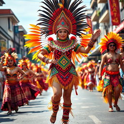 A vibrant Dinagyang costume featuring intricate patterns and bright colors, inspired by traditional Filipino festival attire