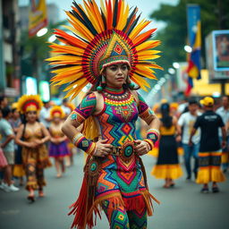 A vibrant Dinagyang costume featuring intricate patterns and bright colors, inspired by traditional Filipino festival attire