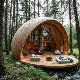 A beautiful, innovative cabin design inspired by the shape of a cocoon, featuring smooth, organic curves and a serene, natural aesthetic