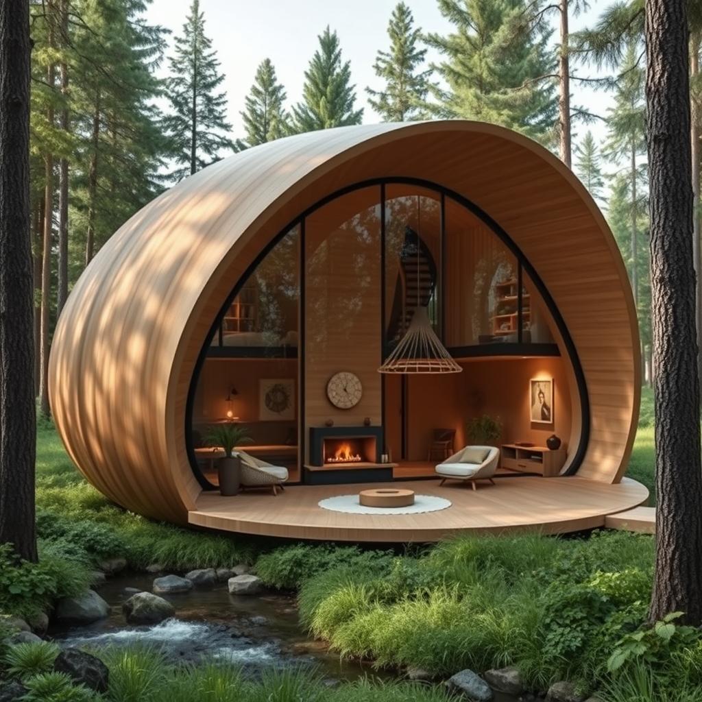 A beautiful, innovative cabin design inspired by the shape of a cocoon, featuring smooth, organic curves and a serene, natural aesthetic