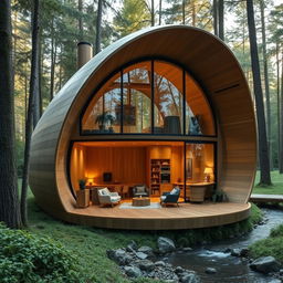 A beautiful, innovative cabin design inspired by the shape of a cocoon, featuring smooth, organic curves and a serene, natural aesthetic