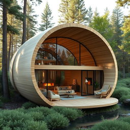 A beautiful, innovative cabin design inspired by the shape of a cocoon, featuring smooth, organic curves and a serene, natural aesthetic