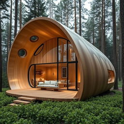 A stunning cabin design inspired by the shape of a cocoon, showcasing smooth, flowing lines and an organic structure