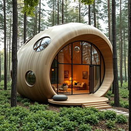 A stunning cabin design inspired by the shape of a cocoon, showcasing smooth, flowing lines and an organic structure