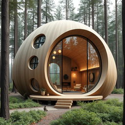 A stunning cabin design inspired by the shape of a cocoon, showcasing smooth, flowing lines and an organic structure