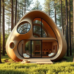 A stunning cabin design inspired by the shape of a cocoon, showcasing smooth, flowing lines and an organic structure
