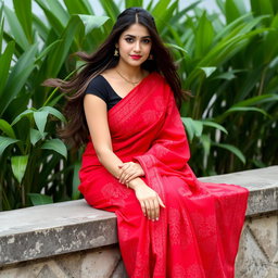 A young woman sitting elegantly on a stone ledge, exuding grace in a vibrant red saree adorned with intricate patterns