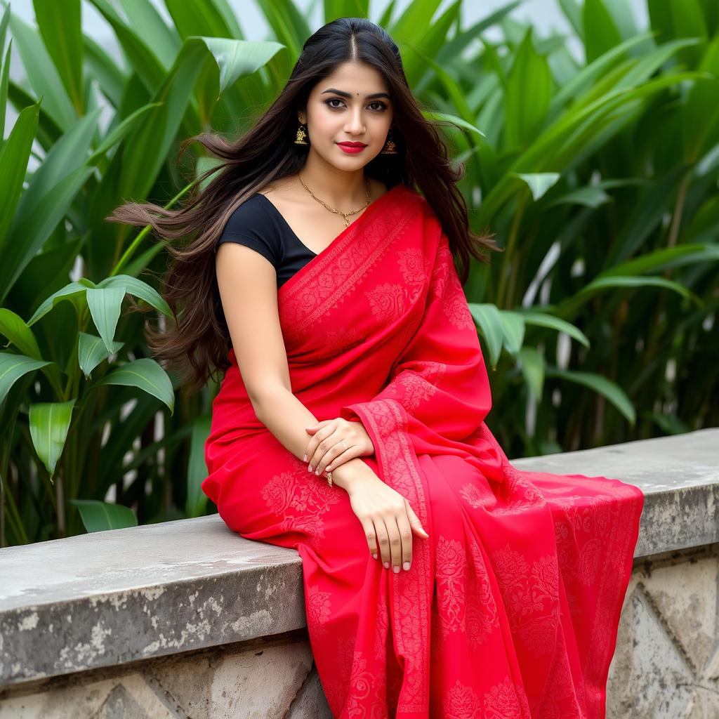 A young woman sitting elegantly on a stone ledge, exuding grace in a vibrant red saree adorned with intricate patterns