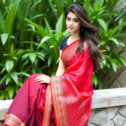 A young woman sitting elegantly on a stone ledge, exuding grace in a vibrant red saree adorned with intricate patterns