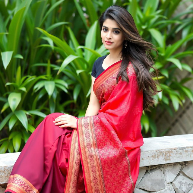 A young woman sitting elegantly on a stone ledge, exuding grace in a vibrant red saree adorned with intricate patterns