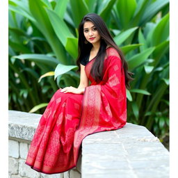 A young woman sitting elegantly on a stone ledge, exuding grace in a vibrant red saree adorned with intricate patterns