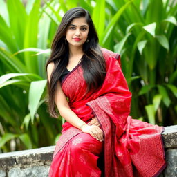 A young woman sitting elegantly on a stone ledge, exuding grace in a vibrant red saree adorned with intricate patterns