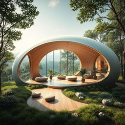 A captivating concept design for a structure inspired by a cocoon, emphasizing a harmonious blend of architecture and nature