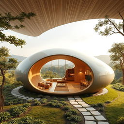 A captivating concept design for a structure inspired by a cocoon, emphasizing a harmonious blend of architecture and nature