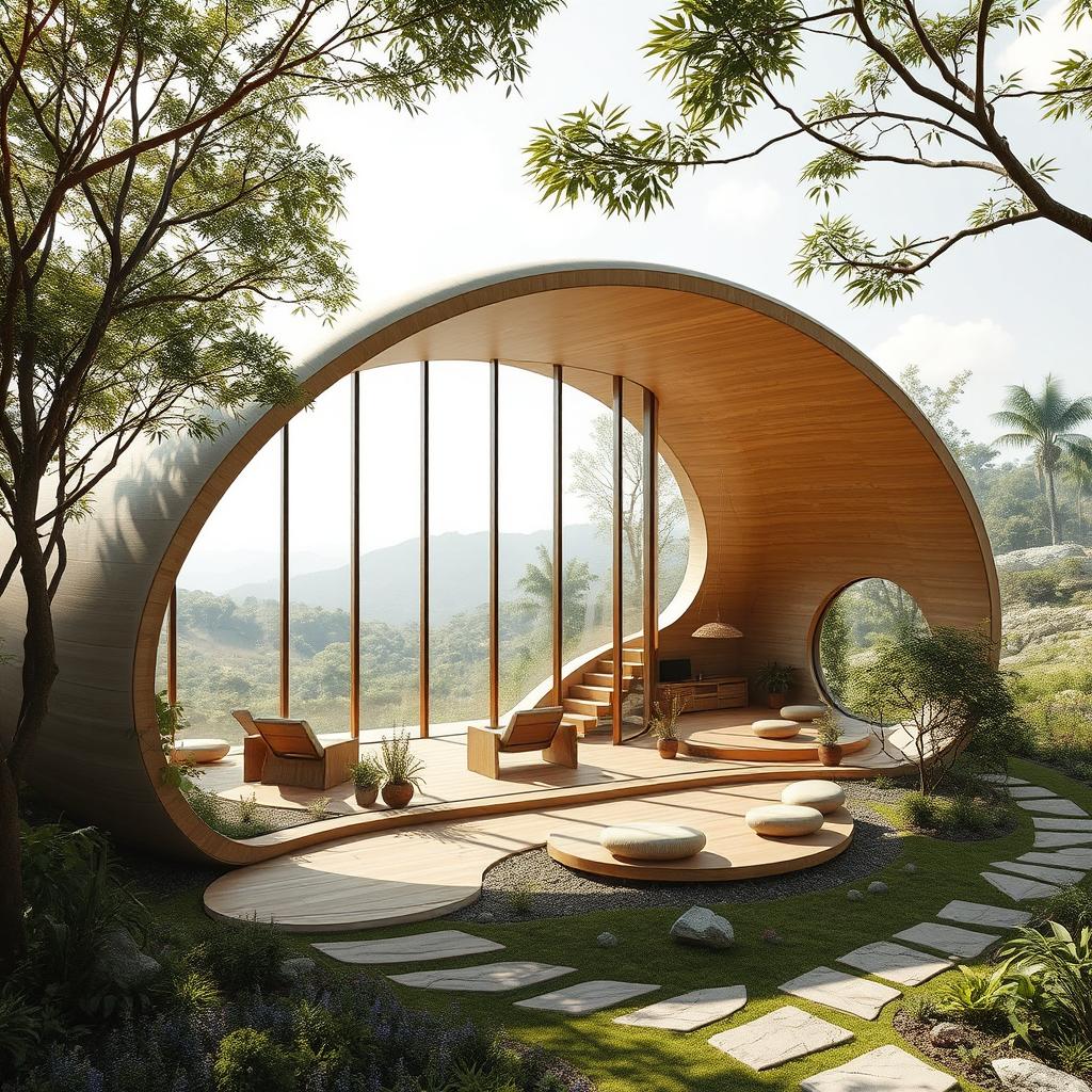A captivating concept design for a structure inspired by a cocoon, emphasizing a harmonious blend of architecture and nature