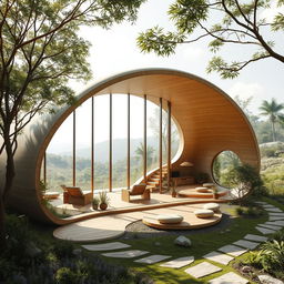 A captivating concept design for a structure inspired by a cocoon, emphasizing a harmonious blend of architecture and nature